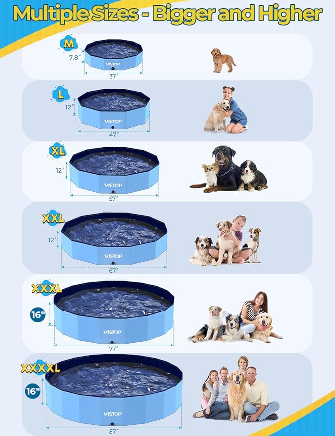 VISTOP Jumbo Foldable Dog Pool, Hard Plastic Shell Portable Swimming Pool for Dogs Cats and Kids Pet Puppy Bathing Tub Collapsible Kiddie Pool (77inch.D x 15.7inch.H, Blue)