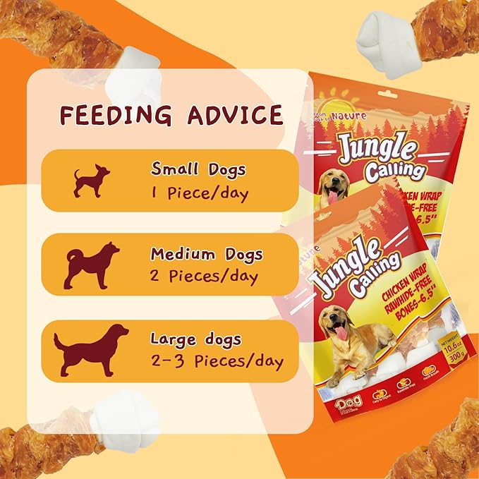 Jungle Calling Rawhide Free Dog Bones, 6.5" Real Chicken Wrapped Dog Chew Bones for Medium and Large Dogs Training Treats
