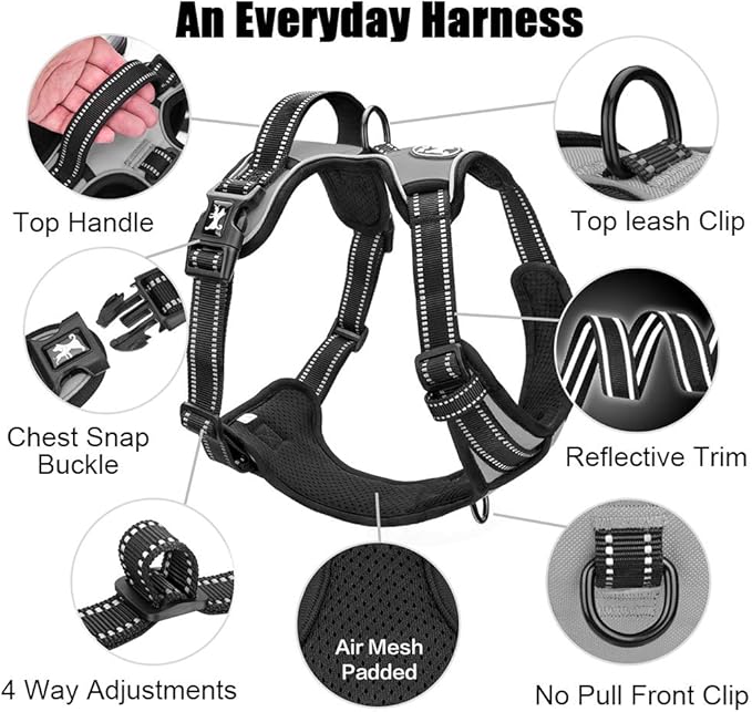 PoyPet No Pull Dog Harness, Reflective Comfortable Vest Harness with Front & Back 2 Leash Attachments and Easy Control Handle Adjustable Soft Padded Pet Vest for Small to Large Dogs (Gray,M)