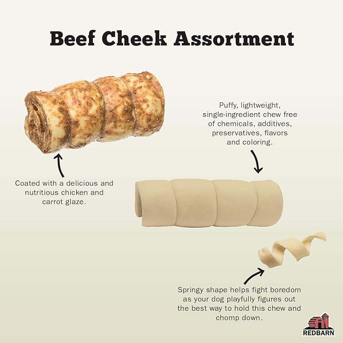 Redbarn Pet Products All-Natural Beef Cheek Rolls for Dogs, Grain-Free Cow Cheeks, Rich in Collagen, Available in Chicken & Carrot Glaze or Uncoated Chicken & Carrot, Small/Medium (Pack of 25)