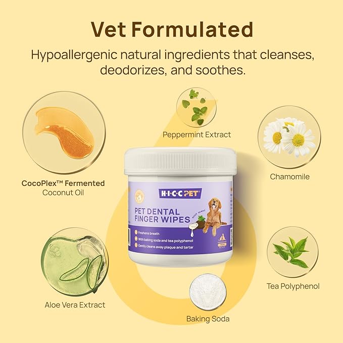 HICC PET Teeth Cleaning Wipes for Dogs & Cats, Vet-Recommended Remove Bad Breath & Plaque & Tartar Buildup Dog Finger Toothbrush Wipes, No-Rinse Dog Tooth Brushing Kit Gentle Cleansing & Gum Care
