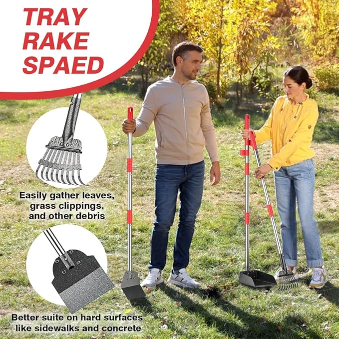 Pooper Scooper, Long Handle Dog Pooper Scooper, Heavy Duty Stainless Steel Rake with Tray & Spade Set for Pet Waste Removal, for Grass, Dirt or Gravel