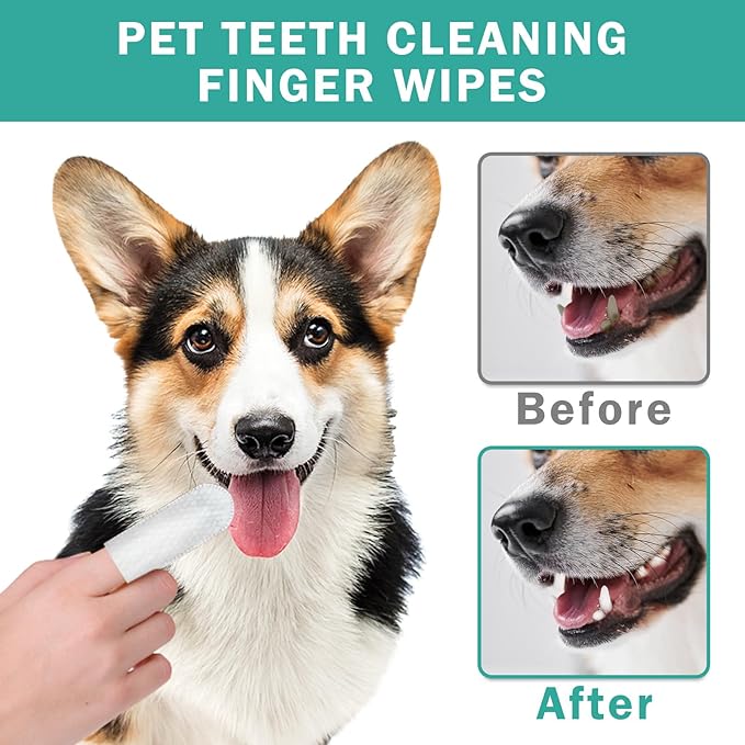 Dog Teeth Dental Finger Wipes for Dogs & Cats No-Rinse Dog Finger Toothbrush Dog Plaque & Tartar Prevention with Brushing Beads Dog Breath Freshene 50pcs