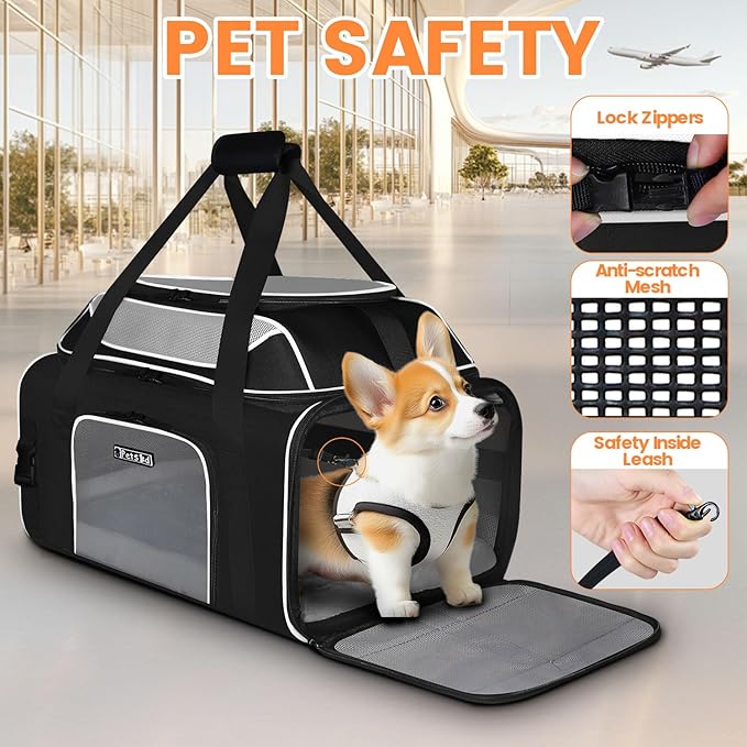 Petskd Top-Expandable Pet Carrier with Wheels 19x13x9 Inches Southwest Allegiant Airlines Approved, Soft-Sided Carrier for Small Dog Under 12 lbs and Large Cat Under 15 lbs(Black)