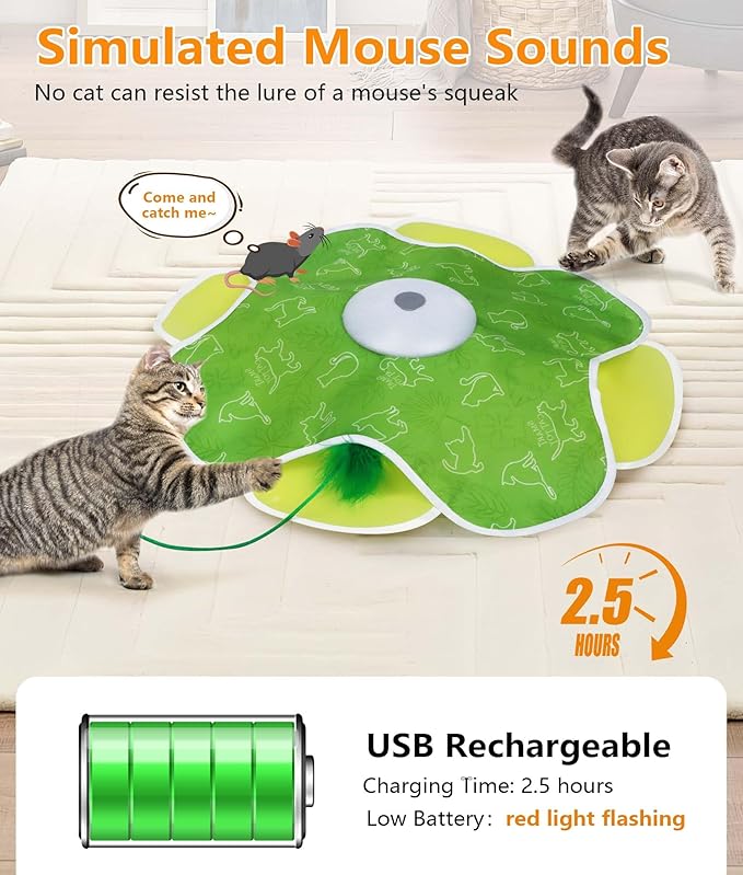 Interactive Cat Toy, Rechargeable Cat Toys for Bored Indoor Adult Cats, Hide and Seek Cat Toy with Motion Activated, Feather Toys, Chirping, Exercise Toys for Indoor Bored Adult Cats