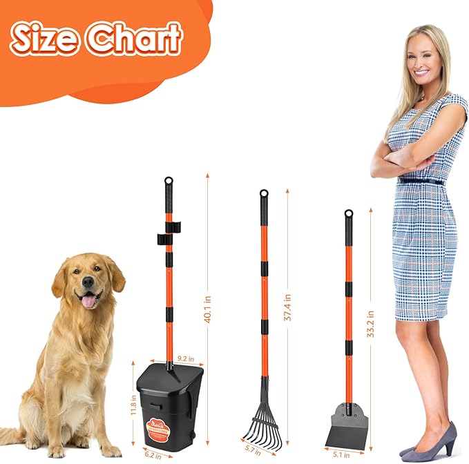SlowTon Dog Pooper Scooper - 37.4" Long Handle Adjustable Metal Swivel Bin & Rake & Spade Kit with 20 Waste Bags, Portable Pooper Scooper for Gravel Lawn Grass, Suit for Small Medium Large Dog