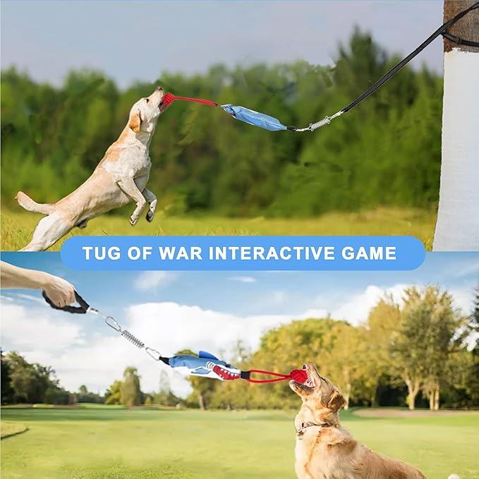 Dog Tree Tug of War Toy with Handles,Tethered Tug of War Outdoor Toy with Squeaky Self Play for Aggressive Chewers, Durable Bungee Cord with Chew Ball