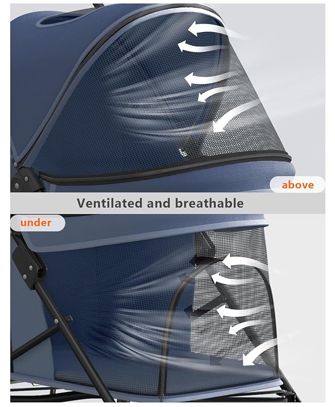 Pet Stroller with 4 Wheels for Small/Medium Pets, Portable Travel Foldable Carrier Jogger for Dog Cat Puppy Kitty, Rear Wheel Breaks, Storage Basket, Visible Mesh Weather Cover (Navy Blue)