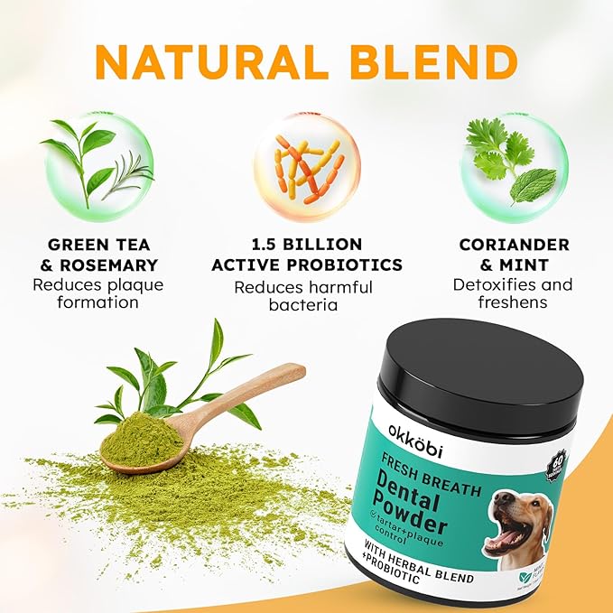 Dog Teeth Cleaning Powder - Dog Breath Freshener + Dental Care for Doggies & Cats + Tartar Remover for Teeth with Natural Ingredients + Probiotics Blend (Mint - 200g)
