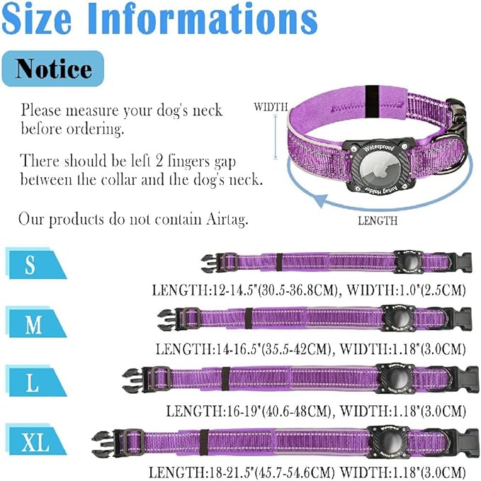 Upgraded AirTag Dog Collar, IP68 Waterproof Dog Collar with Apple Air Tag Holder, Reflective Adjustable Heavy Duty Dog Collars with Soft Padded for Small, Medium and Large Dogs,Purple, XL