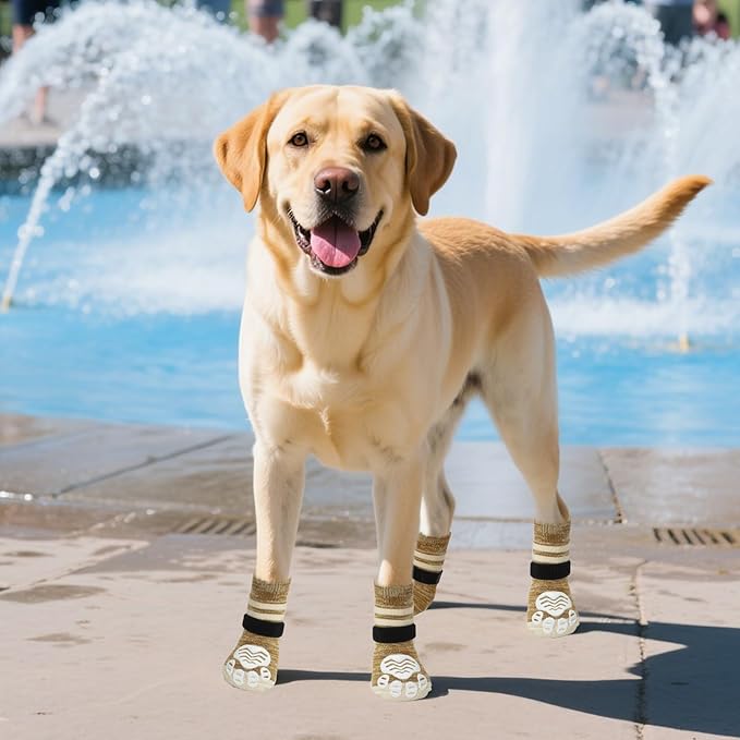 PUPTECK Non-Slip Dog Socks to Prevent Licking Paws, Double Sides Dog Boots & Paw Protectors Booties Traction on Hardwood Floors Hot Pavement with Grippers, for Small Medium Large Senior Dogs, Khaki L