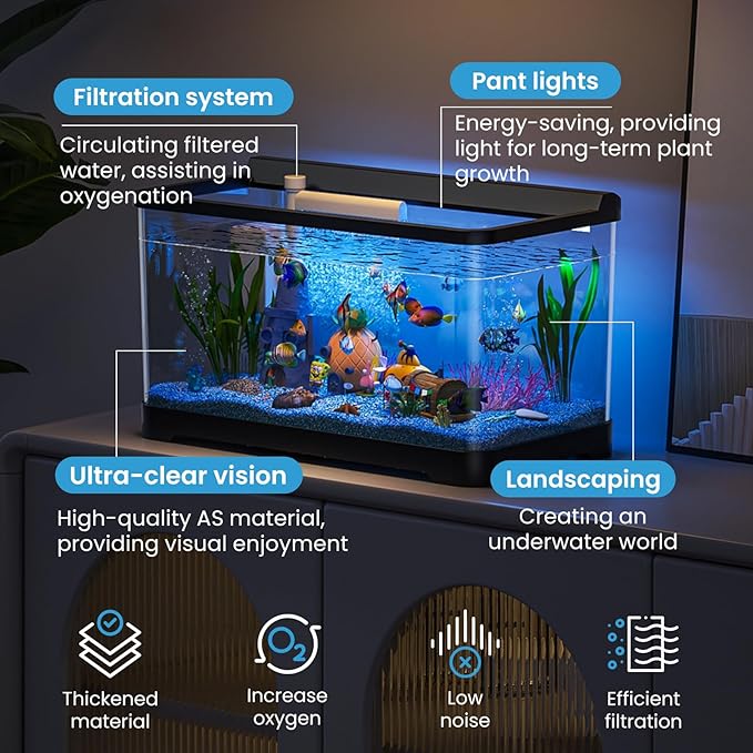 LED Aquarium Fish Tank Kit,（Light + Filter + Green Plants + Blue Sand + Pineapple Houses + Shells） Black, 14 Gallon