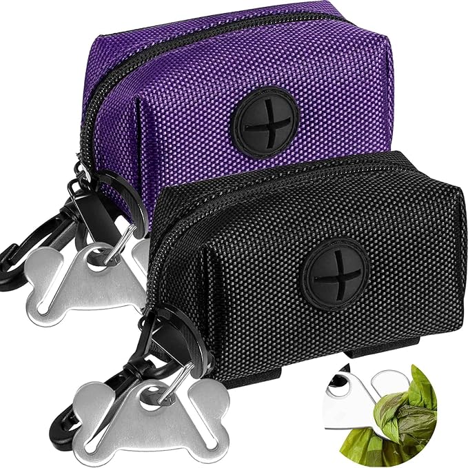 Dog Waste Bag Dispenser Pet Poop Bags Holder for Doggie Waste Bags Dispensers Soft Fabric Zipper Small Doggy Puppy Pouch for Leash Accessory Attachment with Carrier,2PCS Purple&Black