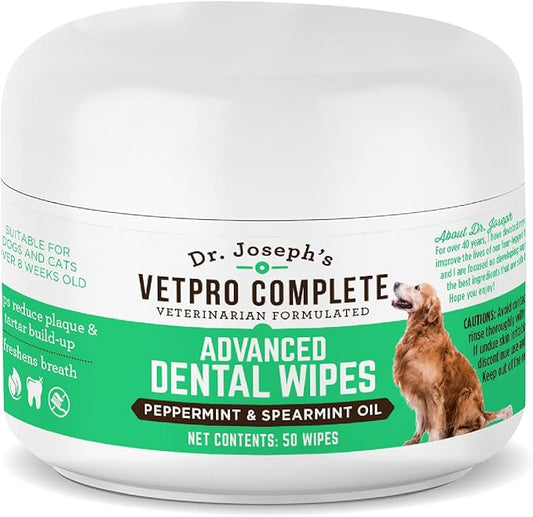 VetPro Complete Dr. Joseph's Advanced Dog Dental Wipes, 50 Count, Easy Teeth Cleaner for Dogs and Cats with Peppermint and Spearmint, Freshens Breath, Reduces Tartar