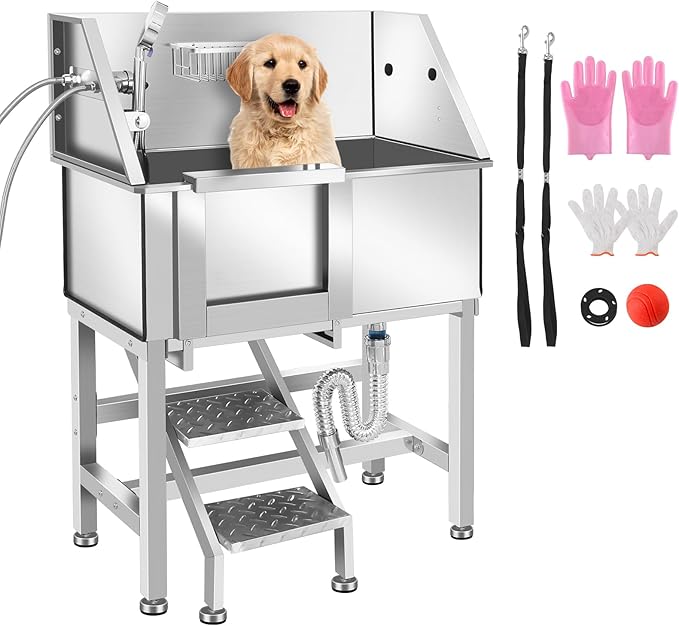 Professional Stainless Steel Dog Bathing Station, Dog Grooming Tub, with Stairs, Floor Grate & Faucet for Dog Bathtub for Large, Medium & Small Pets,34" L-RAMP