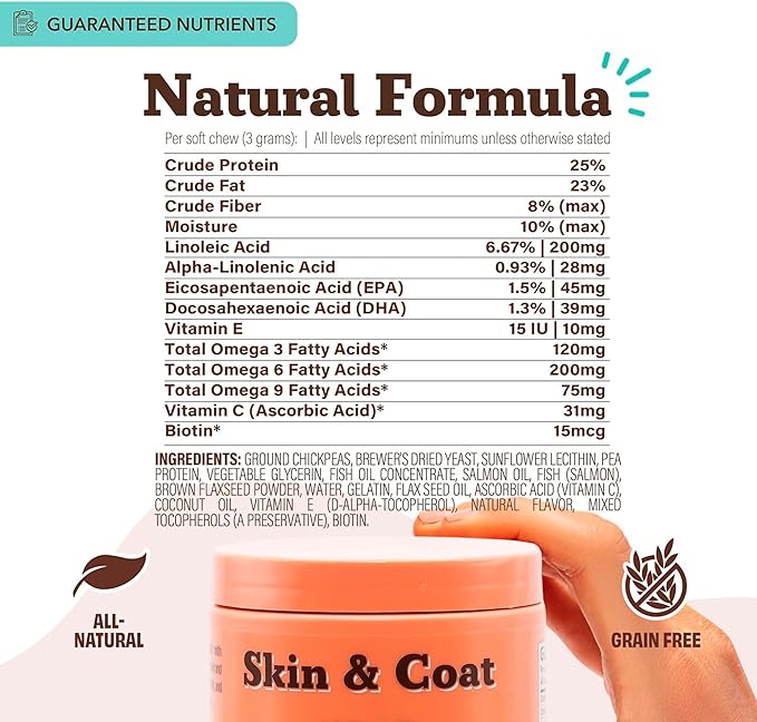 Natural Dog Company Skin & Coat Supplement for Dogs Omega-3 Rich Salmon Oil Chews for Itchy Skin Relief, Shedding & Allergy Support, Shiny Coat Health, with Biotin, Vitamin E, Grain-Free (180 Count)