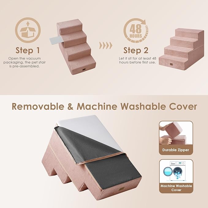 EHEYCIGA Dog Stairs for Bed 20" H, 4-Step Extra Wide Dog Steps for High Bed, Pet Steps for Small Dogs and Cats, Non-Slip Balanced Pet Ramp Indoor, Pink