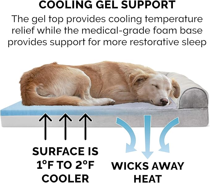 Furhaven Cooling Gel Dog Bed for Large Dogs w/ Removable Bolsters & Washable Cover, For Dogs Up to 95 lbs - Faux Fur & Velvet Sofa - Smoke Gray, Jumbo/XL