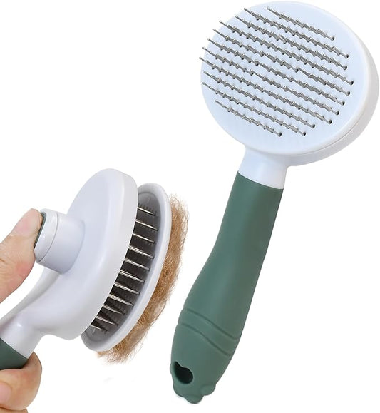 Pet Self-Cleaning Slicker Brush for Dogs & Cats, Deshedding Grooming Comb, Removes Loose Undercoat Hair & Mats, Skin-Friendly Massaging Tool for Long/Short Fur, Large & Small Breeds (Green)