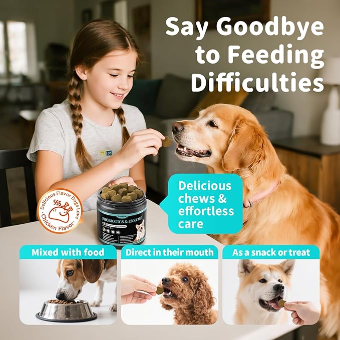 Probiotics for Dogs, Digestive Enzymes for Gut Health Support, Dog Fiber Supplement with Pumpkin for Diarrhea & Bowel Support, Upset Stomach & Gas Relief, Constipation - 60 Count Chicken Flavor