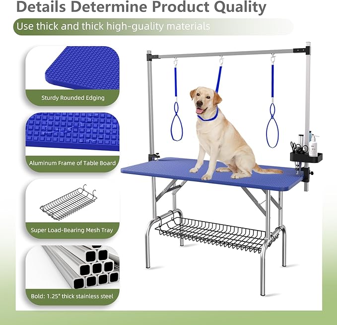 VFK 47'' Large Dog Grooming Table Stainless Steel Foldable Grooming Table for Dogs at Home Adjustable Height Arms Pet Station with Nooses, Mesh Tray, Tool Organizer