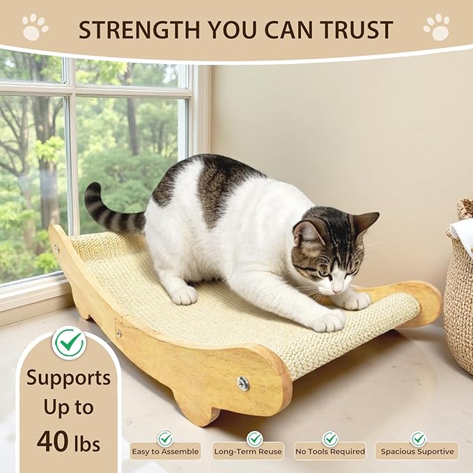 2-in-1 Sisal Cat Scratcher Bed for Indoor Large Cats – Hammock Lounge with Natural Sisal Pad, Wooden Cat Furniture for Scratching and Resting