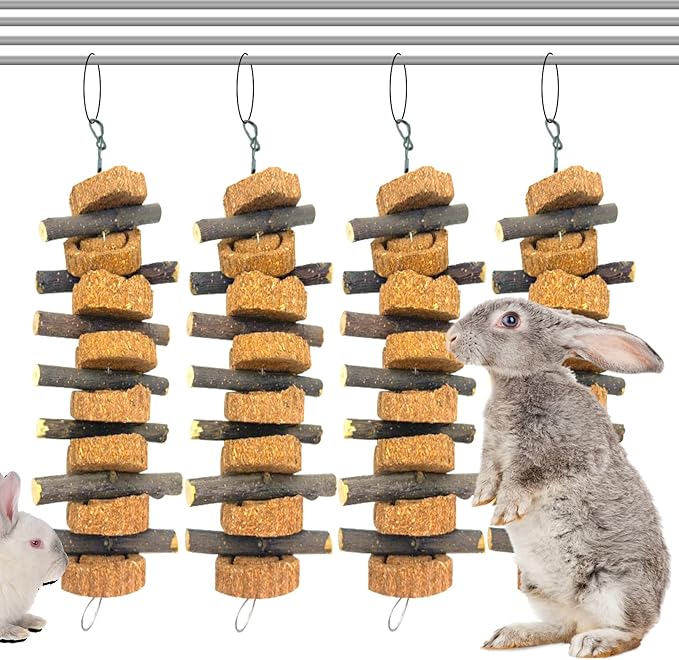 PINVNBY Rabbit Chew Toys for Teeth Hanging,Natural Apple Bunny Chew Sticks Small Animals Molar Wood for Rabbits Chinchillas Guinea Pigs Hamsters Small Pet Chewing Improve Dental Health(4 Pcs)