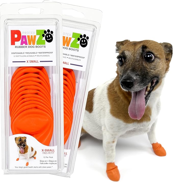 PawZ Rubber Dog Boots for Paws up to 2", 24 Total (2 Packs of 12) - All-Weather Dog Booties for Hot Pavement, Snow, Mud, and Rain - Waterproof, Anti Slip Dog Socks - X-Small, Orange