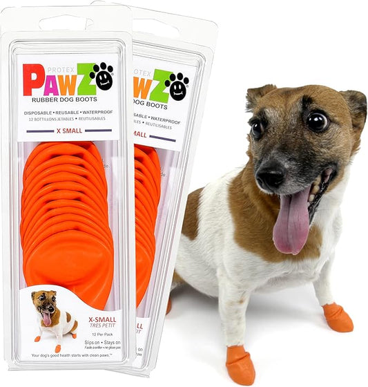 PawZ Rubber Dog Boots for Paws up to 2", 24 Total (2 Packs of 12) - All-Weather Dog Booties for Hot Pavement, Snow, Mud, and Rain - Waterproof, Anti Slip Dog Socks - X-Small, Orange