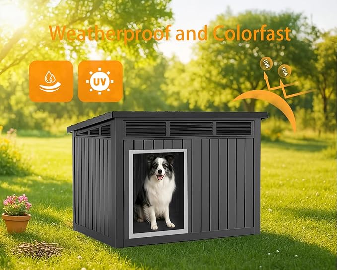 VIXZEN Dog House Indoor Outdoor,Waterproof Dog House for Small to Medium Dogs,Doghouse with Air Vents and Elevated Floor,Openable at The Top,Easy to Assemble and Clean,Black,32.2"×25.12"×24.13"