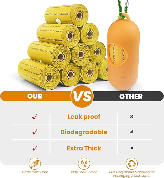 Poop Bags for Dogs-1050 Counts, 70 Rolls With a Free Dispensers, Biodegradable Poop Bags Made of Cornstarch, Size: 9x13 Inch, Extra Thick Strong and 100% Leak Proof (Yellow)