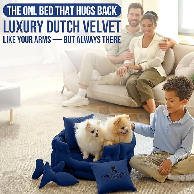 Luxury Dog Bed Chesterfield – Handcrafted Velvet Throne for Dogs | Joint Support, Calming & Temp-Regulating Comfort | Durable 5+ Years, Anti-Claw, Washable 100+ Times – XS, Blue