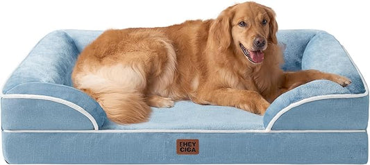EHEYCIGA Orthopedic Dog Beds for Extra Large Dogs, Waterproof Memory Foam XL Dog Bed with Sides, Non-Slip Bottom and Egg-Crate Foam Big Pet Bed with Washable Removable Cover, Washed Blue