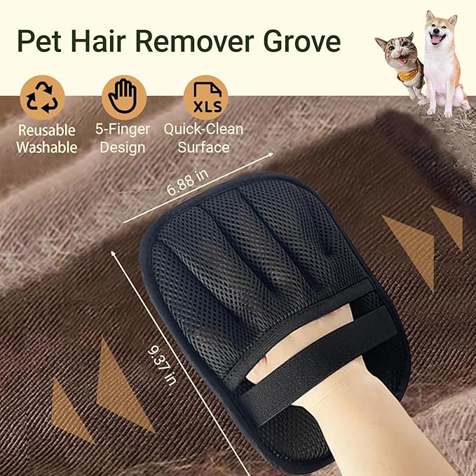 Pet Hair Remover Glove for Furniture, Reusable Dog and Cat Fur Removal Tool for Couch, 5-Finger Black, Lint Clean Glove for Carpet, Bedding, Clothes, Curtain, Pet Bed, Car Seats