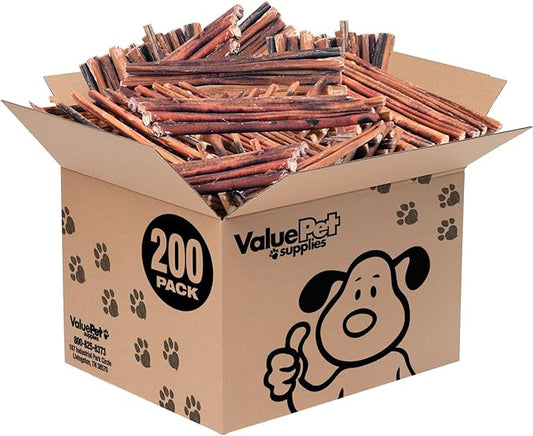 ValueBull Bully Sticks for Dogs, Medium 12 Inch, 200 Count Bulk Pack - All Natural, Grass Fed, Single Ingredient, Long Lasting Dog Treats