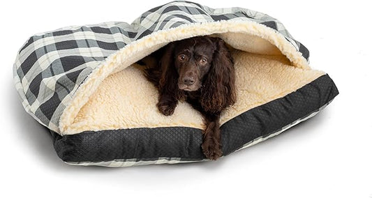 Snoozer Luxury Rectangle Cozy Cave Dog Bed - Indoor Dog Bed with Cover Cave, Covered Calming Burrow for Small & Medium Sized Pets with Blanket Attached, Enclosed, Washable -Medium, BarkelyBlackDiamond