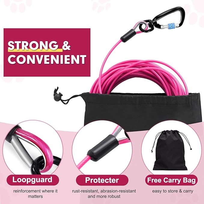 Snagle Paw Dog Leads for Yard 50FT-1000LBS Break Strength,Heavy Duty Tie Out Cable for Dogs with Swivel Lockable Hook & Spring,Chew Proof Dog Chain for Outside,Dog Run Cable for Medium Large Dogs