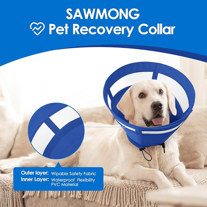 SAWMONG Soft Cone for Dogs, Dog Cones for Medium Dogs, Adjustable Pet Recovery Collar to Stop Licking, Comfy Elizabeth E-Collar for Dogs After Surgery Alternative (M,Blue)