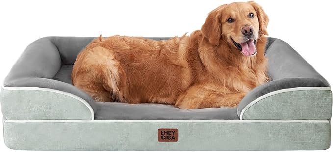 EHEYCIGA Orthopedic Dog Beds for Extra Large Dogs, Waterproof Memory Foam XL Dog Bed with Sides, Non-Slip Bottom and Egg-Crate Foam Big Pet Couch Bed with Washable Removable Cover, Greyish Green