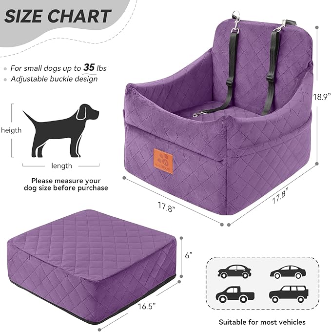 Dog Car Seat for Small/Medium Dogs, Dog Booster Car Seats with Thick Cushion for Dogs Under 35lbs, Detachable Washable Pet Carseat with Storage Pockets, 2 Safety Belts(Purple)