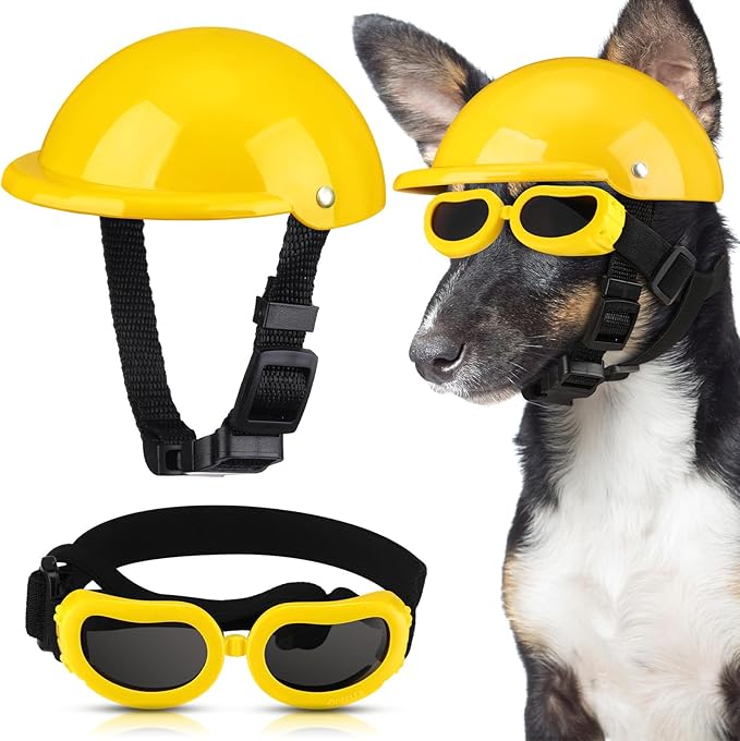 Frienda Dog Helmet and Goggles, UV Protection Doggy Sunglasses and 4 Inch Padded Puppy Motorcycle Helmet Adorable Dog Goggles with Adjustable Belt for Small Dogs Puppy Riding (Yellow,L)