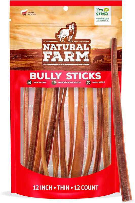 Natural Farm Odor-Free Thin Bully Sticks (12”, 12-Pack) All-Natural Long-Lasting Dog Chews, 100% Beef Pizzle, Grass-Fed, Grain-Free, Protein for Muscle Development & Energy, Perfect for Large Dogs