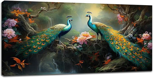 Large Peacock Wall Art Aesthetic Bird Canvas Living Room Pictures Framed Prints Floral Modern Wall Decor Painting Artwork for Bedroom Dining Office Home 60"x30"