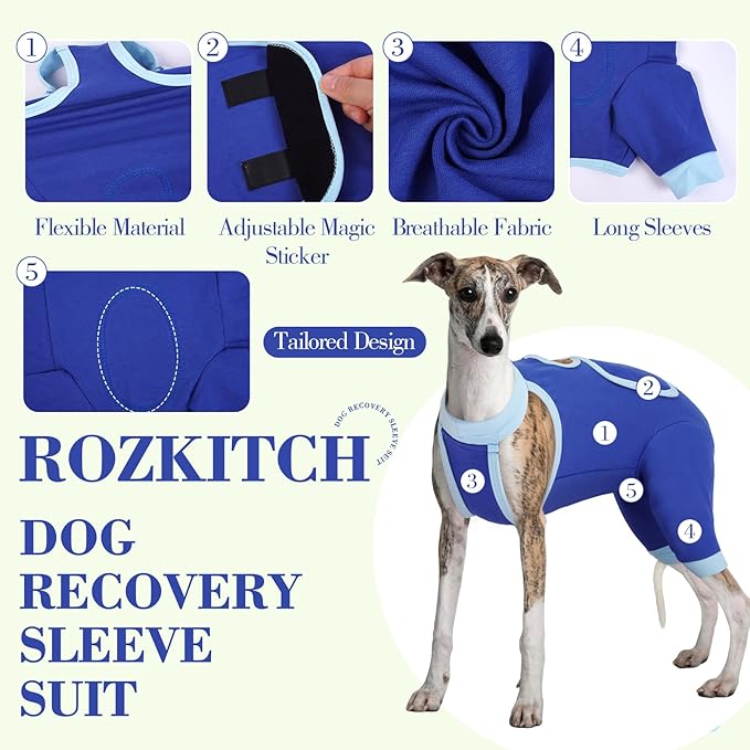 ROZKITCH Dog Surgery Leg Sleeve Rear Legs, Male Female Pet Prevent Licking Wound Elbow Knee Protector, Dog Recovery Suit Cone Collar Alternative Pants Shirt for Wound Heal Wrap Blue S