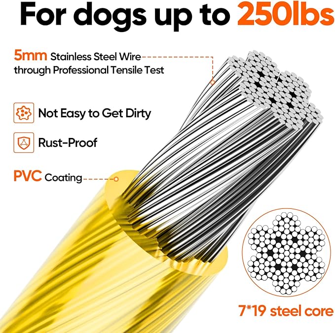 Tresbro 30FT Reflective Tie Out Cable for Dogs Up to 250 Pounds, Steel Wire Lead Leash Cable with Stainless Rotatable Buckle, Lightweight and Enduring, Dog Chains Outside for Outdoor, Yard, Yellow