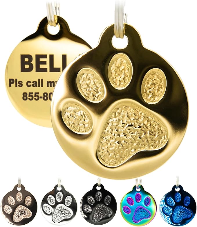 Engraved Pet Tag for Dogs and Cats - Personalized Front & Back up to 4 Lines of Text Custom Engraved ID, Round Paw Print Solid Plating Stainless Steel Gold Regular