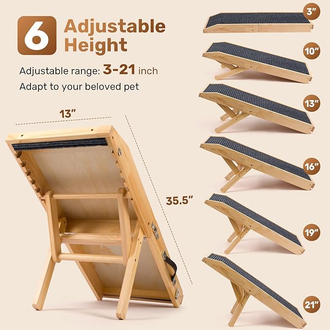 Wood Dog Ramp for Bed, 5-Level Adjustable Height (10" to 21") Pet Ramp with Non-Slip Surface for Couch, Bed and Car, Foldable Dog Stairs for Small, Medium to Large Dogs, Up to 200LBS