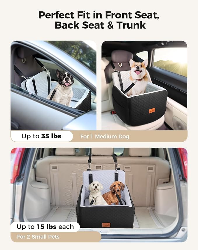 Dog Car Seat for Small & Medium Dogs Under 35lbs, Detachable & Washable Pet Car Seat, Interior Height 6 Inches Pet Travel Bed with Storage Pockets and 2 Dog Safety Belts (Black/Gray)