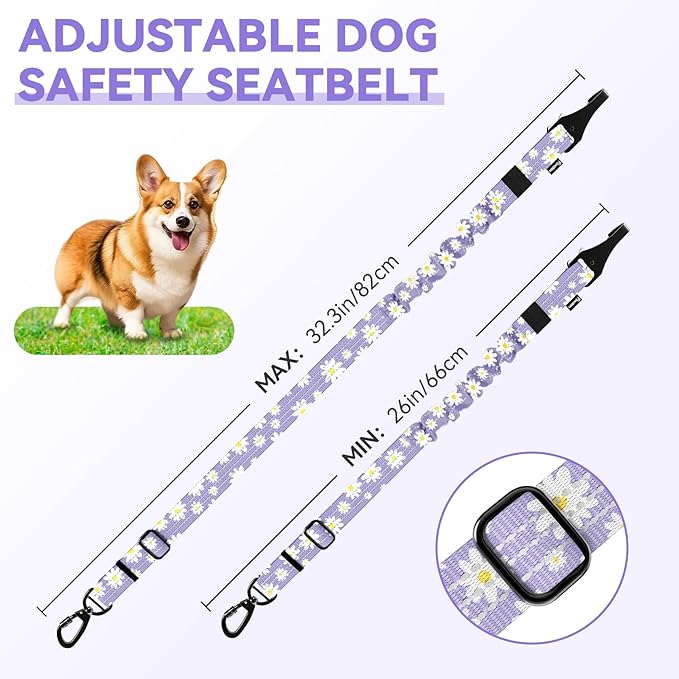 Pawaboo Dog Seatbelt for Car, Dog Seat Belt Bungee, Shockproof Dogs Tether for Car with Buckle & Hook Latch, Adjustable Reflective Dogs Cars Harness Leash with 360° Lockable Buckle, Light Purple