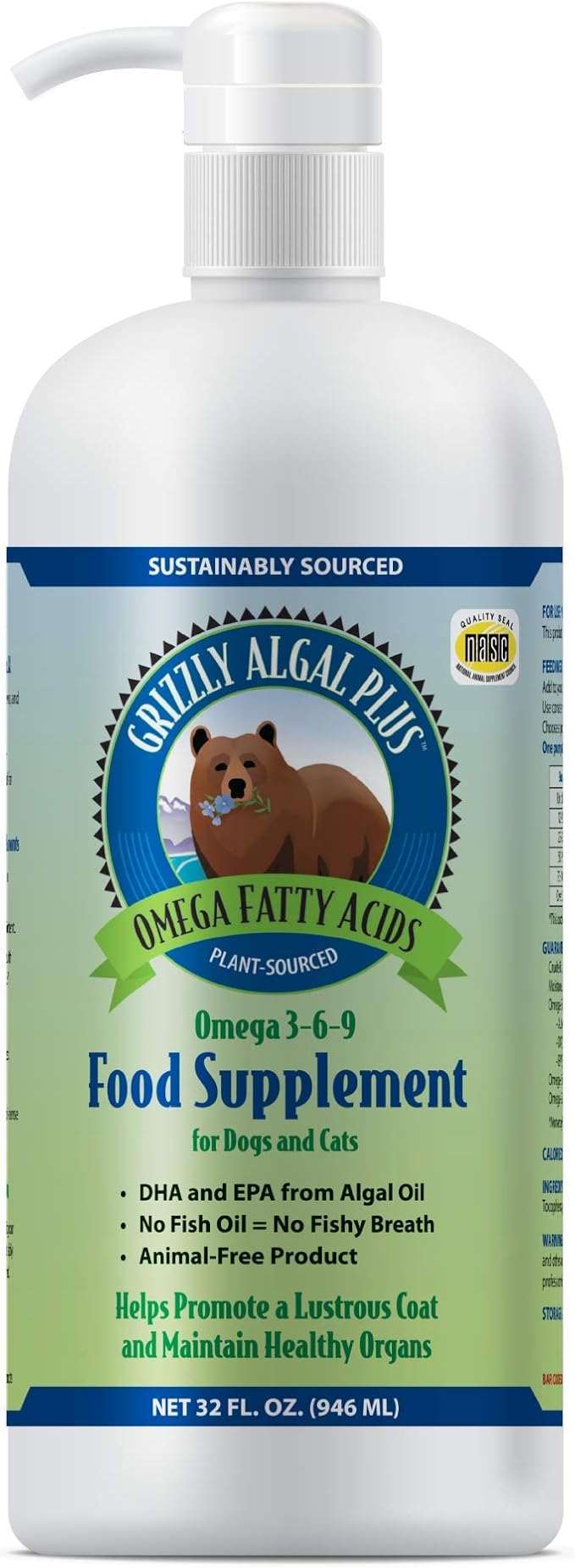 Grizzly Pet Products Algal Plus Omega 3-6-9 Food Supplement for Dogs and Cats, 32 Ounce Bottle